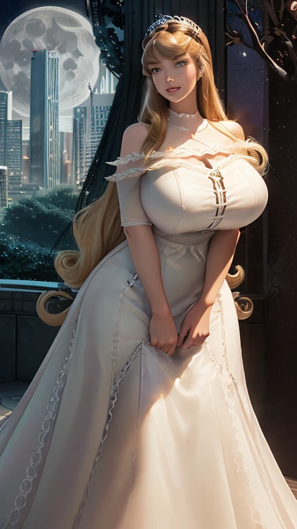 (masterpiece), best quality, (SHARP details), 4k, (huge breasts), bearing hips, detailed skin, (slutty white gown), blonde, deep cleavage, loose clothes, ((royal academy student)), sweat, (skirt lift), outdoors, (surrounded by men), (medieval slum), smile, exhibitionism,
