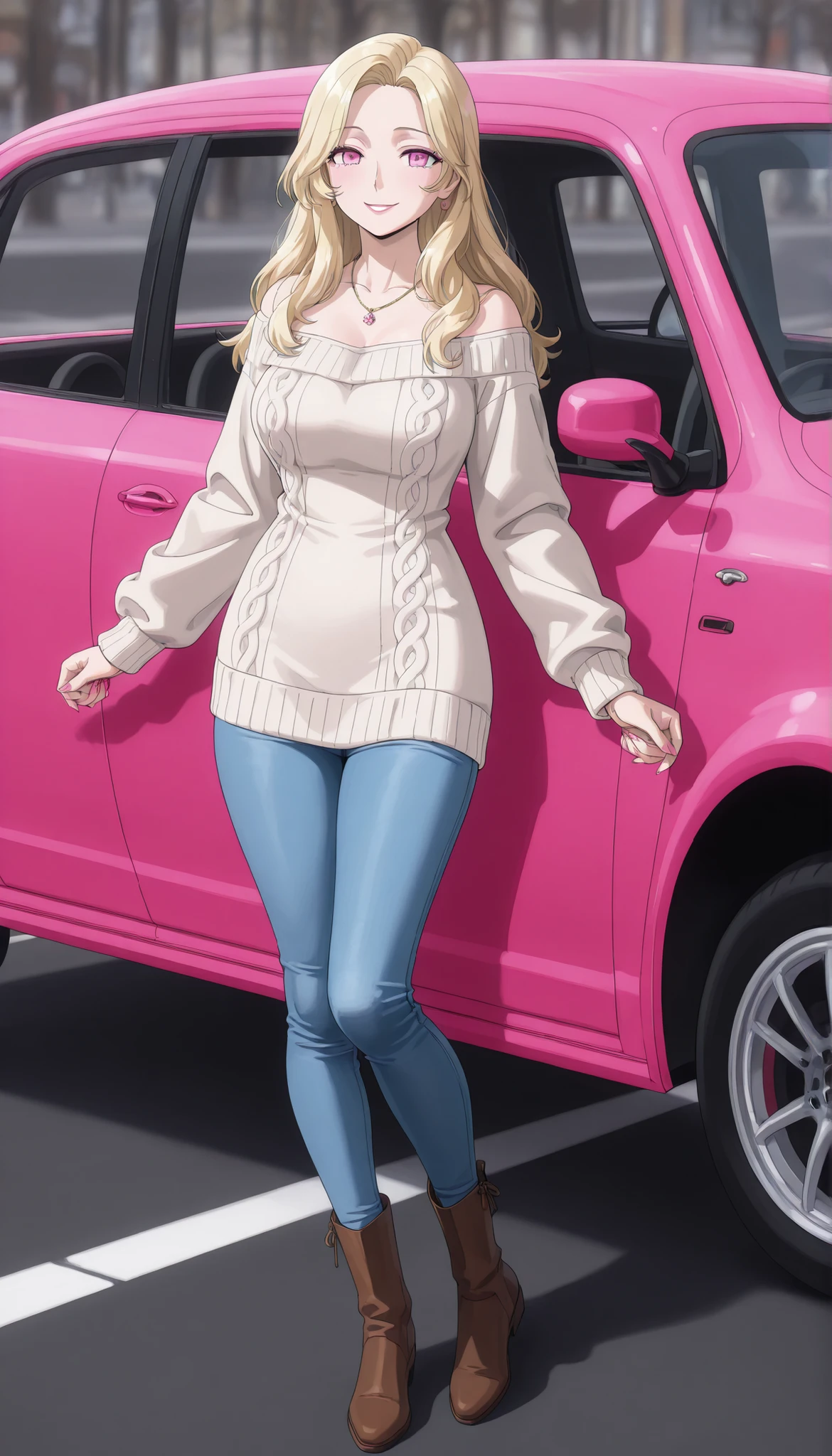 A mature, beautiful woman with blond hair, extremely fair white natural skin, big pink eyes, red plump glossy lips, pink nails, a small waist, and a perfect slim yet curvy body. She's only wearing a red tube off-shoulder woolen baggy sweater, long tight blue jeans, a necklace, and suede brown boots. She's standing straight, smiling kindly, carrying her little daughter in her arms, standing near a car, and is on a road. Show her full body and super hyper-detailed.