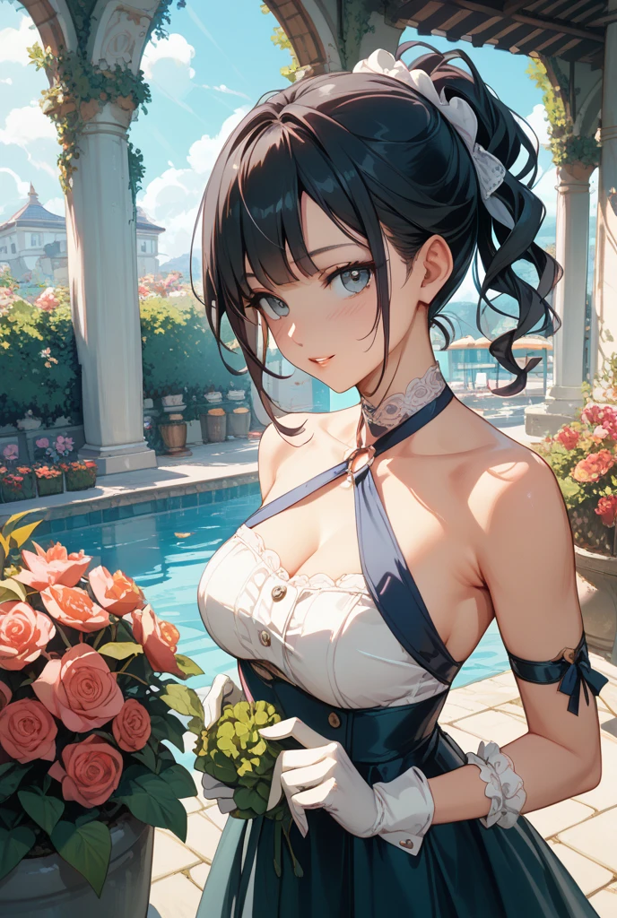 woman,20-year-old,,party venue,morning,(((sexy dress with decorations))),,open mouth smile((Pose with movement)),blush,See-through