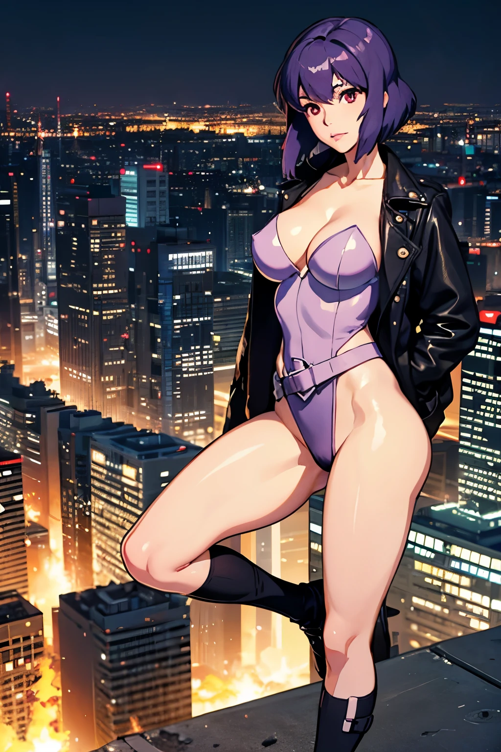 1girl, raven (teen titans), black long sleeve swimsuit, purple hair, short hair, slim body, full body, combat pose, city scenary, high quality, perfect details, night, dark illumination, cover style