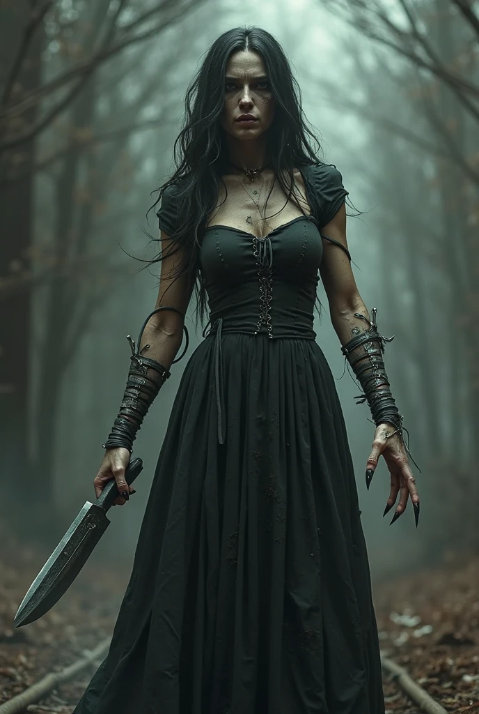 Very detailed, Ultra-high resolution, High Contrast, masterpiece, realistic, Scary scene, pretty woman, sexy face, golden eyes, black hair, frightening black dress with detailed armor, swinging spiked whip, ashen skin, evil, commanding, sinister expression, streaks on eyes, Intricate bracer, evil tattoos, photograph, fighter stance