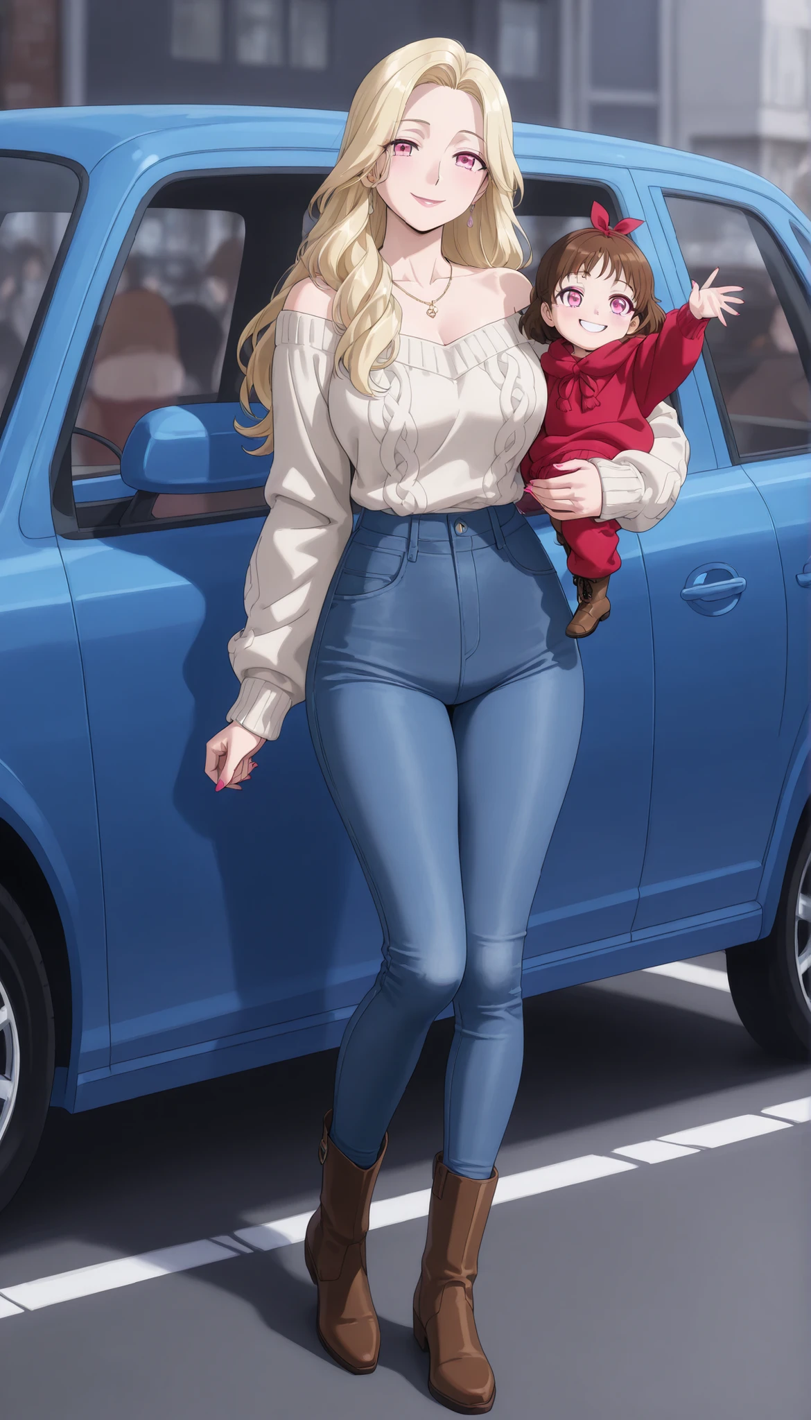 A mature, beautiful woman with blond hair, extremely fair white natural skin, big pink eyes, red plump glossy lips, pink nails, a small waist, and a perfect slim yet curvy body. She's only wearing a red tube off-shoulder woolen baggy sweater, long tight blue jeans, a necklace, and suede brown boots. She's standing straight, smiling kindly, carrying her little daughter in her arms, standing near a car, and is on a road. Show her full body and super hyper-detailed.