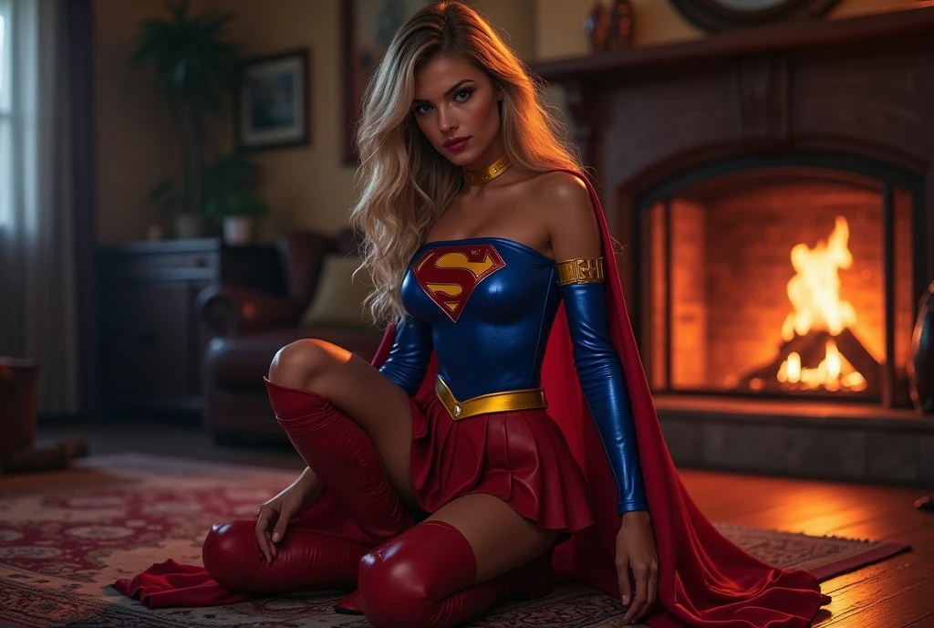 ((Carley Shimkus)) at a halloween party sitting on a barstool, sexy supergirl body paint, shy, perfect legs