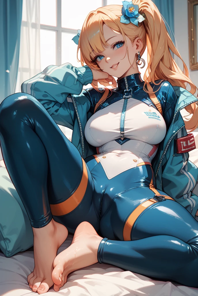 a pretty firm fit hearty healthy toned Russian women wearing full zipped velour sport jump suit as a second skin sitting on armchair, 16K