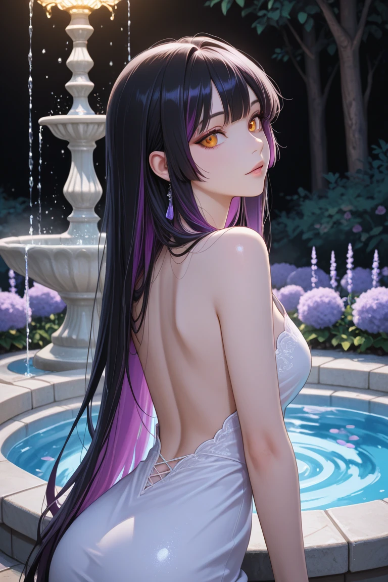 masterpiece, high resolution, beautiful woman, Korean Beauty, 30 years old, purple bikini, beautiful woman, pool, standing and looking at me, high resolution face, (high resolution eyes), back, tits job
