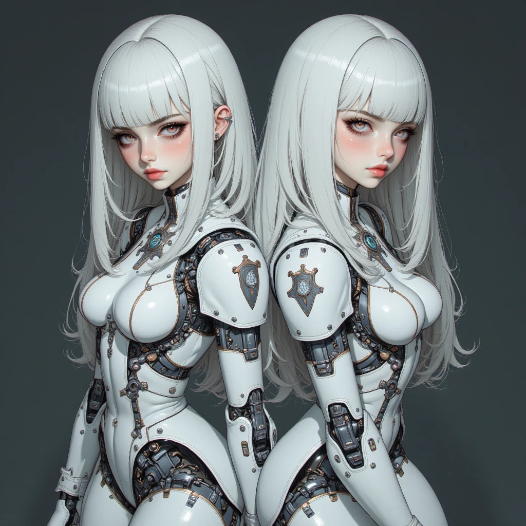 photo of beautiful cyborg woman, 2D anime style drawing, long white hair, white dress