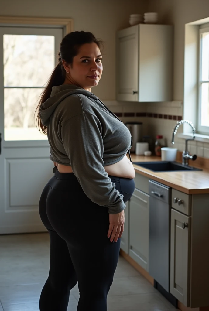Raw, bestquality, masterpiece, Ultra-realistic, mid shot, ultra-detailed, korean, oiled body, big eyes, moaning deliciousness face, teeth seen, gigantic breasts, plump body, thick lips, wearing tight tank top,  standing up pharmacy counter, showing her back hips