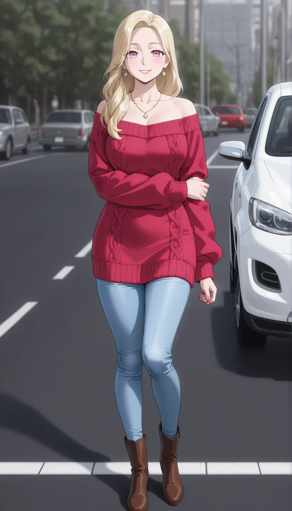 A mature, beautiful woman with blond hair, extremely fair white natural skin, big pink eyes, red plump glossy lips, pink nails, a small waist, and a perfect slim yet curvy body. She's only wearing a red tube off-shoulder woolen baggy sweater, long tight blue jeans, a necklace, and suede brown boots. She's standing straight, smiling kindly, carrying her little daughter in her arms, standing near a car, and is on a road. Show her full body and super hyper-detailed.