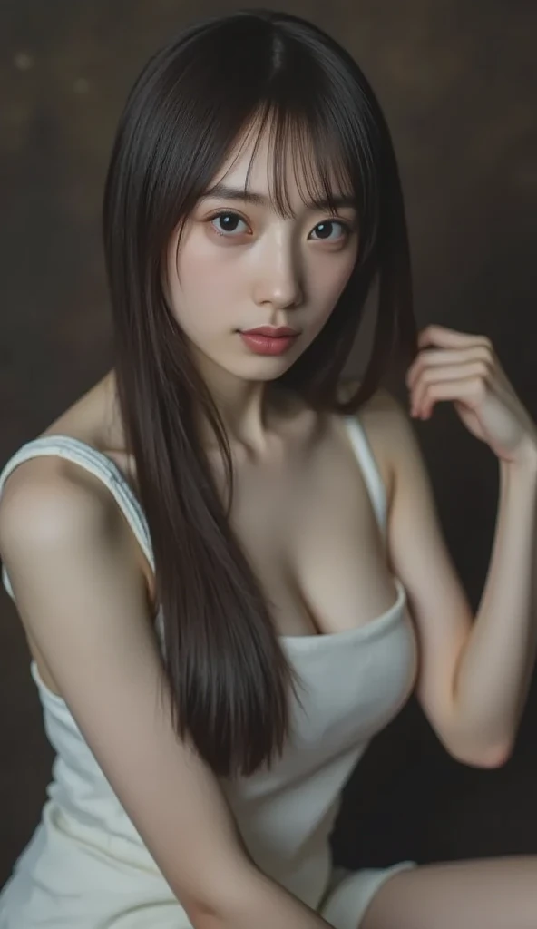 (8K, RAW Photos:1.2), Detailed face and eyes, Highest quality, Ultra-high resolution, Very detailed, Ultra-intricate details, Tabletop, Very cute girl, Soft cinematic light, Hyper Detail,Sharp focus, super high quality, Ash's long wavy hair, A cute 16 year old girl, Very beautiful plump G cup, The whole body is shown, Full body underwear, Quite embarrassed, Really kissing face, Nipples showing through the bra, Terracotta Bra, Terracotta underwear, Plump whole body, My pants are digging in,My bra is coming off, Inside a stylish hotel, Extremely realistic skin texture, Smiling and looking at me, Sexy shot showing armpits
