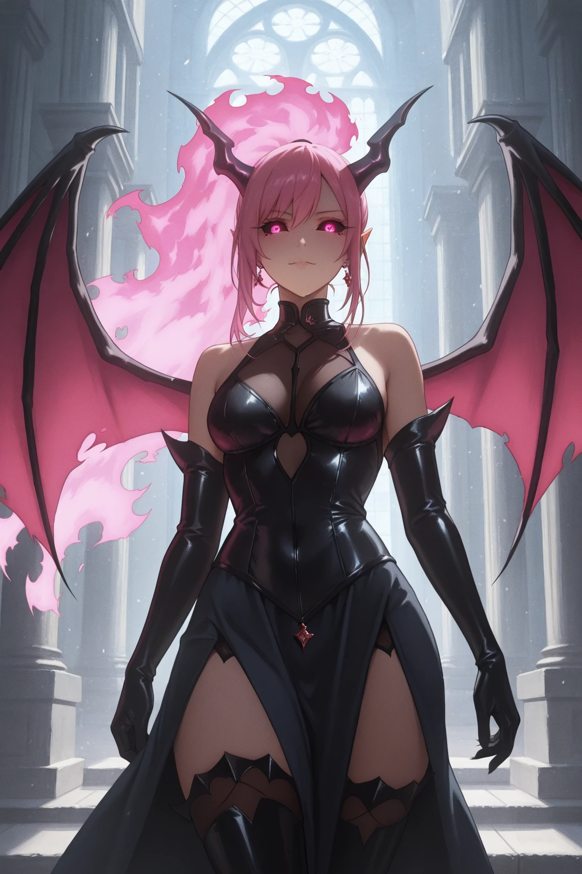 Masterpiece, best quality, expressive eyes, perfect face, 1girl, solo, horns, monster girl, magenta hair, grey eyes, pointy ears, breasts, smile, hair over one eye, night background, bar background, braid, tail, gloves, navel, jewelry, large breasts, milf, office_lady, neck_bow, suit