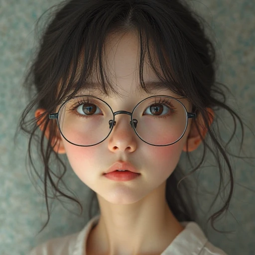 cute 14year old Asian girl, glasses, slim figure, cute girl white tiny chest, photo taken from above, detailed face, beautiful eyes, long eyelashes, cute expression, cozy bedroom, photorealistic, 4k, high quality,ultra-detailed,(realistic,photorealistic,photo-realistic:1.37)