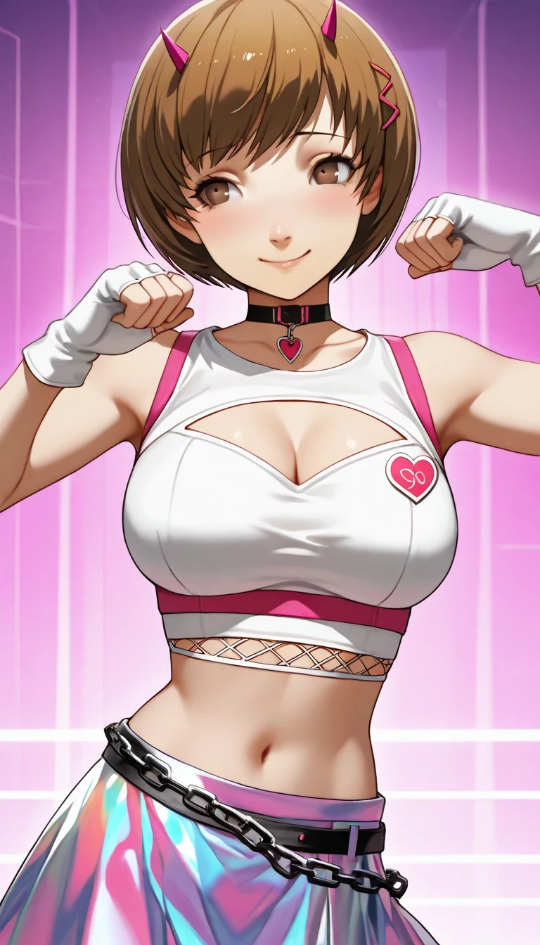 score_9, score_8_up, source_anime 1 girl, solo, cute face, p4chie, satonaka chie, short hair, brown hair,pink horns, hair ornament, pink ornament, giantic breasts, black choker, pink heart, sleeveless, white crop top, midriff, navel, cleavage cutout, iridescent skirt, chain, fishnets, fingerless gloves, white gloves,shy smile,dynamic view,sexy pose
