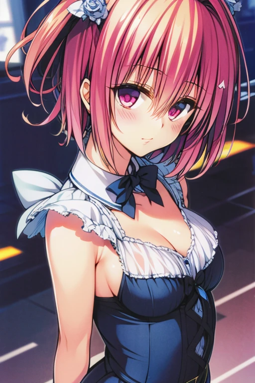 masterpiece, highest quality, Detailed face, Beautiful and detailed eyes, Beautiful Face, Perfect body, Official Art, grand plix award illustration, official art,Professional Lighting,
One girl, momo, perfect body,pink Hair, short Hair, purple eyes,
maid,off shoulder maid dress,gloves,katyusha,cleavage,
Style of Yabuki Kentaro, To Love-Ru art style,
Carefree expression, Enjoying the weather, Soft smile