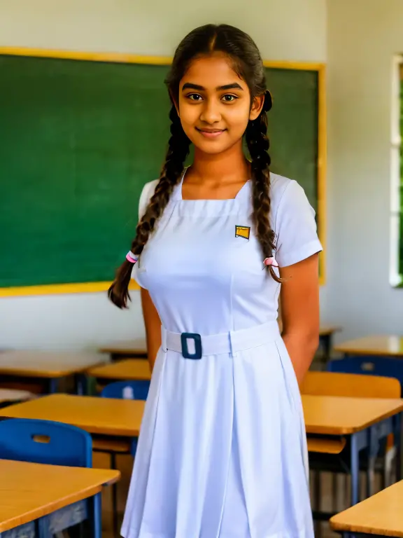 putting hands in pockets pose,Srilankan school girl is putting hands in pockets of her school frock,in the classroom,frock with pockets,white frock,long red tie