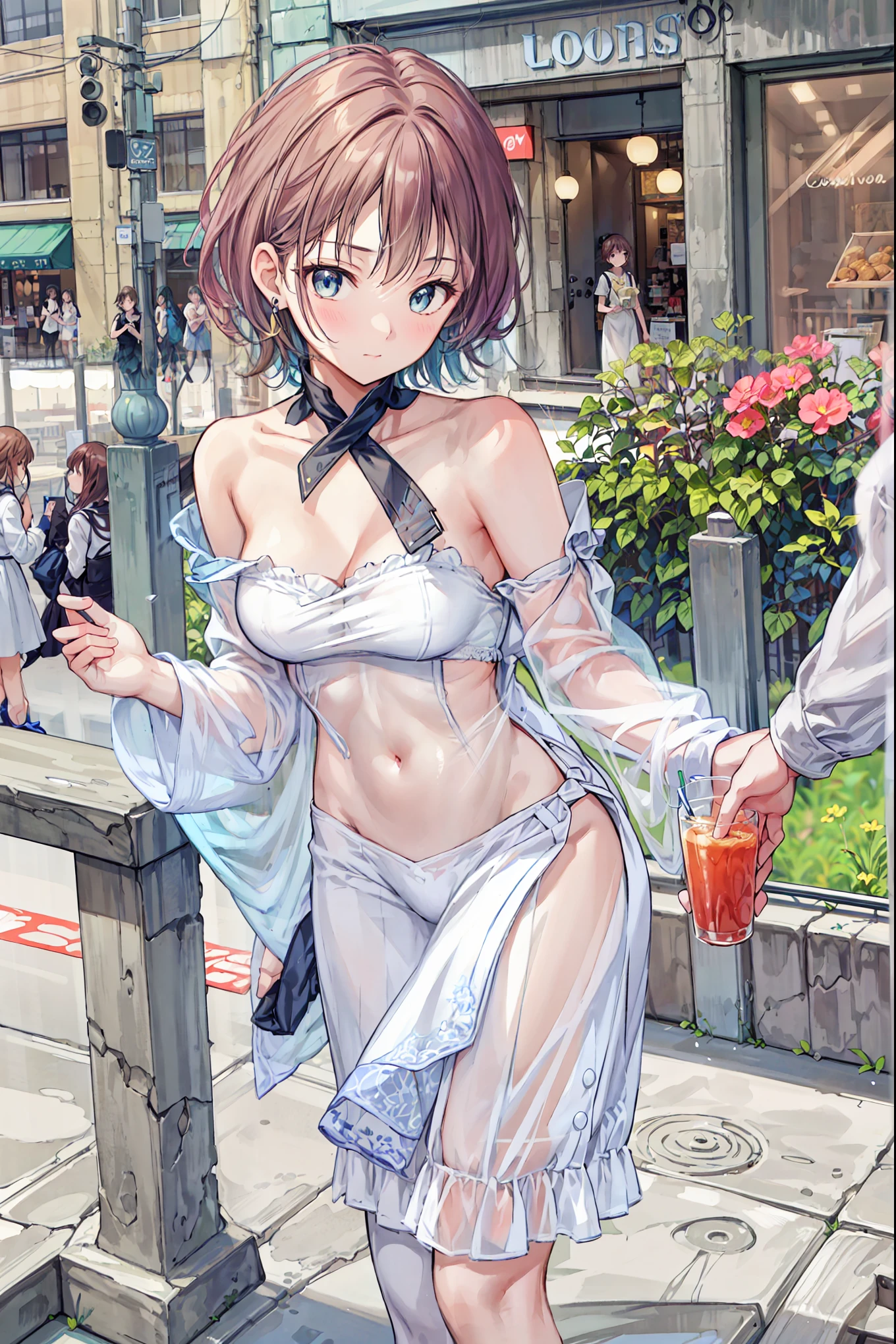 (small breasts:1.2), (perky chest:1.2), (pointed chest:1.2), (Pudding cake magazine cover:1.3),(from below:1.0),(shoot from the side:1.1),masterpiece, 1girl, Amazing Cleavage:1.1, thin waist, optimum,tmasterpiece,hight resolution,best qualtiy,hyper HD,super detailing,awardwinning,a 18yo cute girl,(The upper part of the body),anatomy correct,Beautiful Black miniskirt,garters,Gaze,Small face,bangss,holster,Beautuful Women,hands up,leg holster,Gaze,black boots,Cowboy Shot,cute face,a blond,Longhaire,Twin-tailed,Braids, Hairline,（scarlet eyes）,long eyelasher,Hanging eye corners,White skin of the, ((see through camisole:1.1)), ((Sheer nipples:1.0)),Rocket Tits,(Slim body),smile,seductive weak smiling,(with sparkling eyes and a contagious smile),little open mouth, Looking at Viewer,
