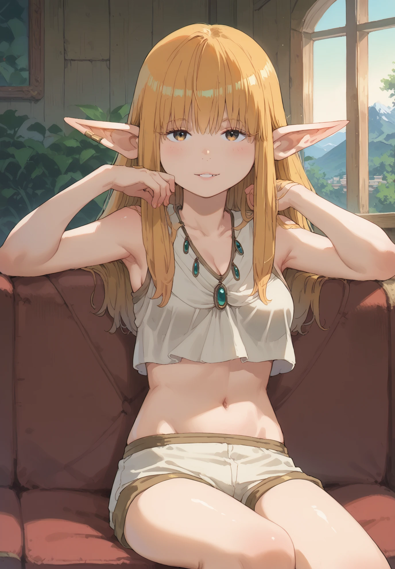 1girl, solo, Serie, Beyond Journey's End, elf, pointy ears, crop top, silk shorts, naturally sagging medium breasts, sitting on a couch, golden hair, golden eyes, sexy pose, alluring atmosphere, mountain cabin, night time, beautiful lighting and shadows,