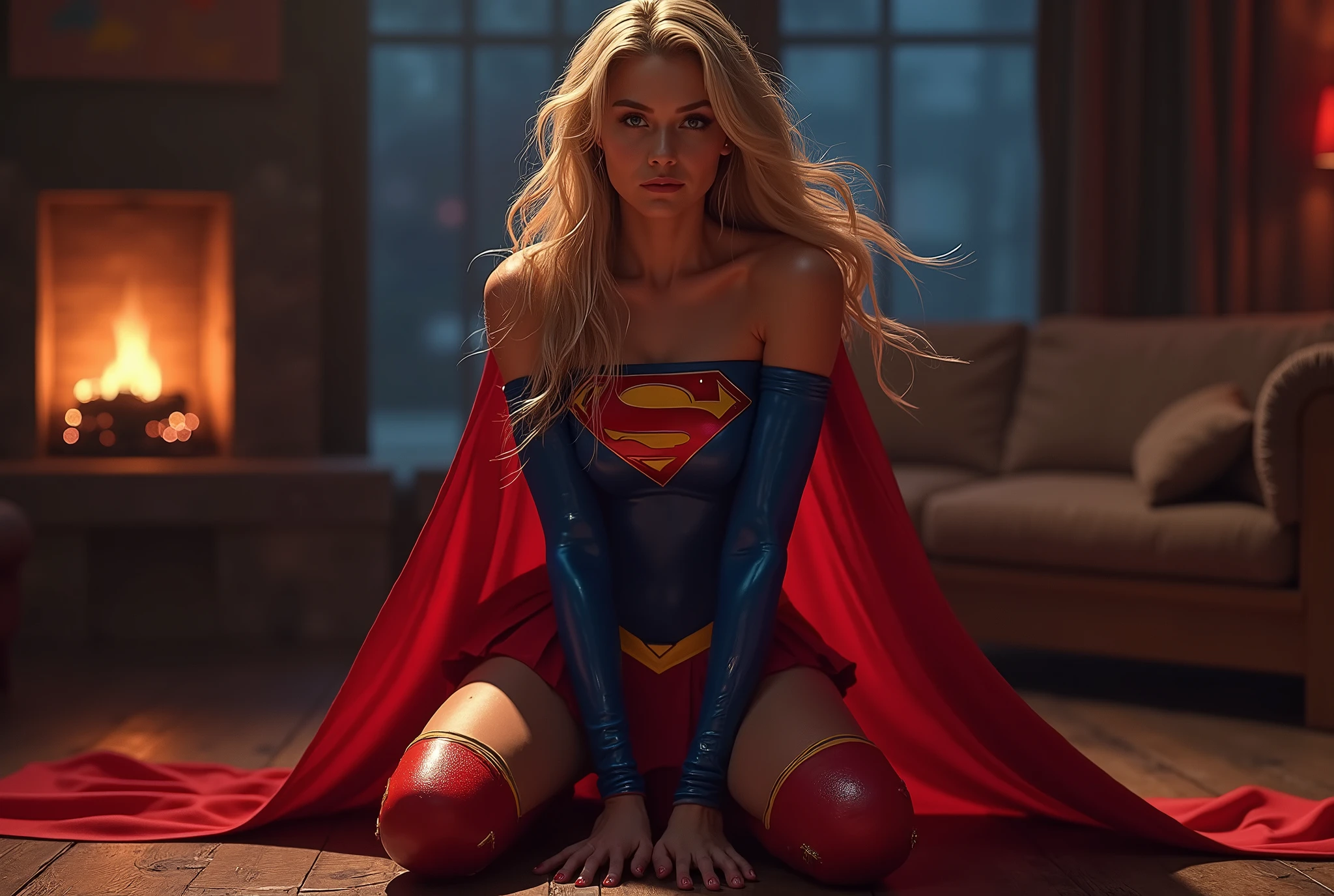 Ultra detailed face. Realistic skin texture, amazing shadows, extremely detailed texture, perfect lighting, High quality image. Sexy woman wearing a tight blue latex long-sleeved top with a red “S” emblem on the chest and gold trim around the edges of the sleeves, a short pleated red skirt with a yellow Superman belt around the waist, knee high red Supergirl boots with a yellow stripe on top, and a long red Supergirl cape, blonde hair developing in the wind, 8K, HDR, cinematic lighting. Crouched in a seductive pose in a dimly lit living room at night, her arms resting on the floor, legs spread apart, her hips raised high, she gazes forward with a gentle smile, the soft glow of a fireplace casting warm shadows across her outfit and cape.