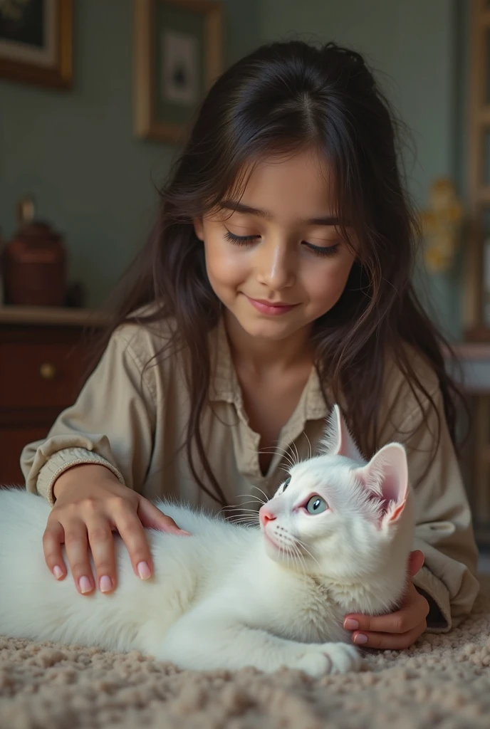 (no quadro),Cat not circle,um close-up,(sem antecedentes:1.5),Logotipo da camiseta,logotipo do adesivo,Arte de corte,(Menina e gato de frente um para o outro com um sorriso)