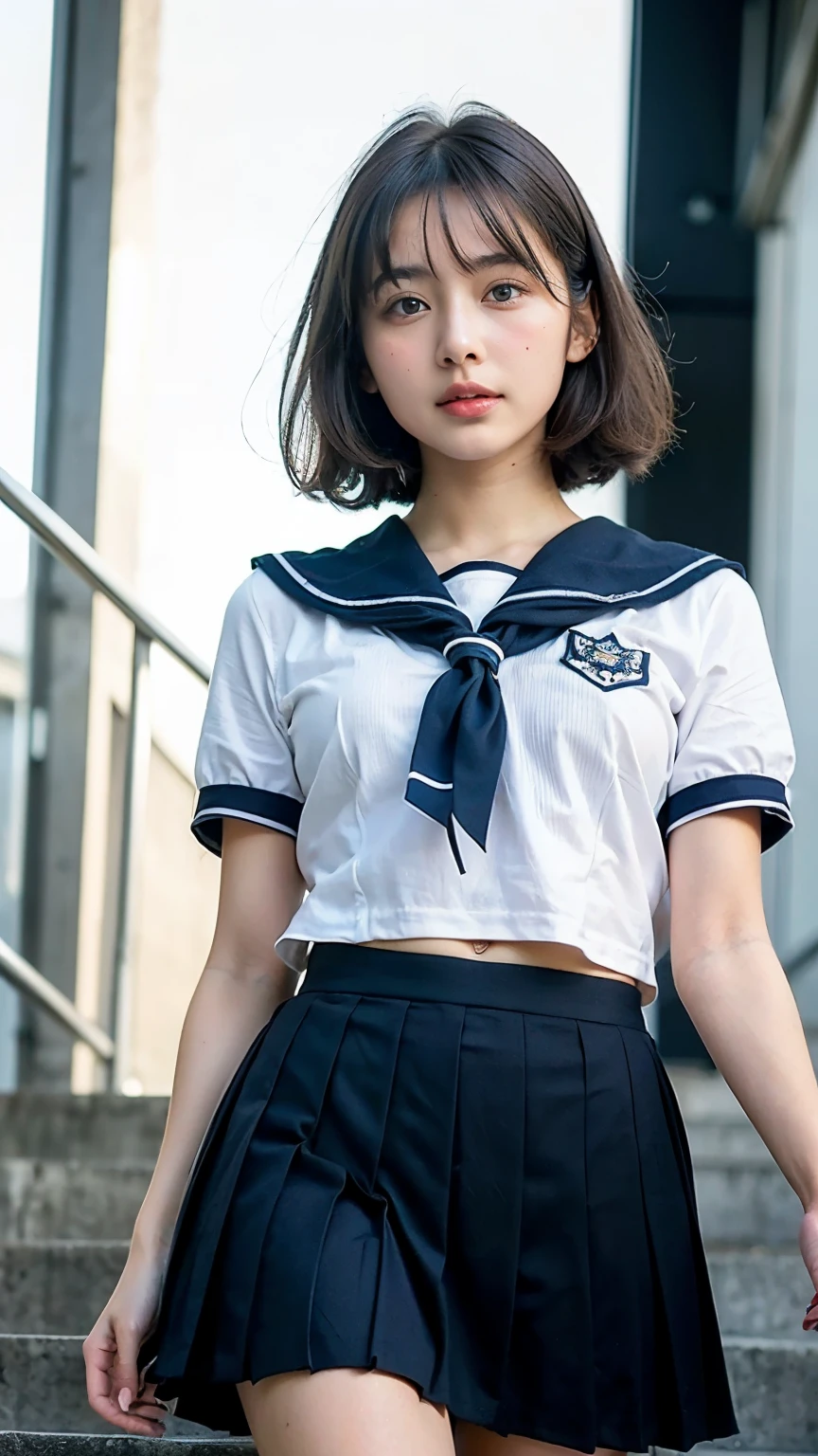 (Best Quality, 8K, 32k, masutepiece, nffsw:1.2), (Raw photo), (Realistic), (Photorealistic:1.2), (High resolution), huge filesize, Ultra-detailed, Extremely beautiful face & eyes, 1girl in, (Lori, 14 years old:1.2), Young Woman, round small face, thin waist, huge-breasted, slim proportions, (Japan Sailor School Uniforms, sailor fuku, serafuku, Japanese school sailor uniform, darkblue pleated skirt:1.27), (From below, White thong, Crotch:1.24),belly button,Knee-high,mini skirt,Knee socks,belly button,Big Breasts,