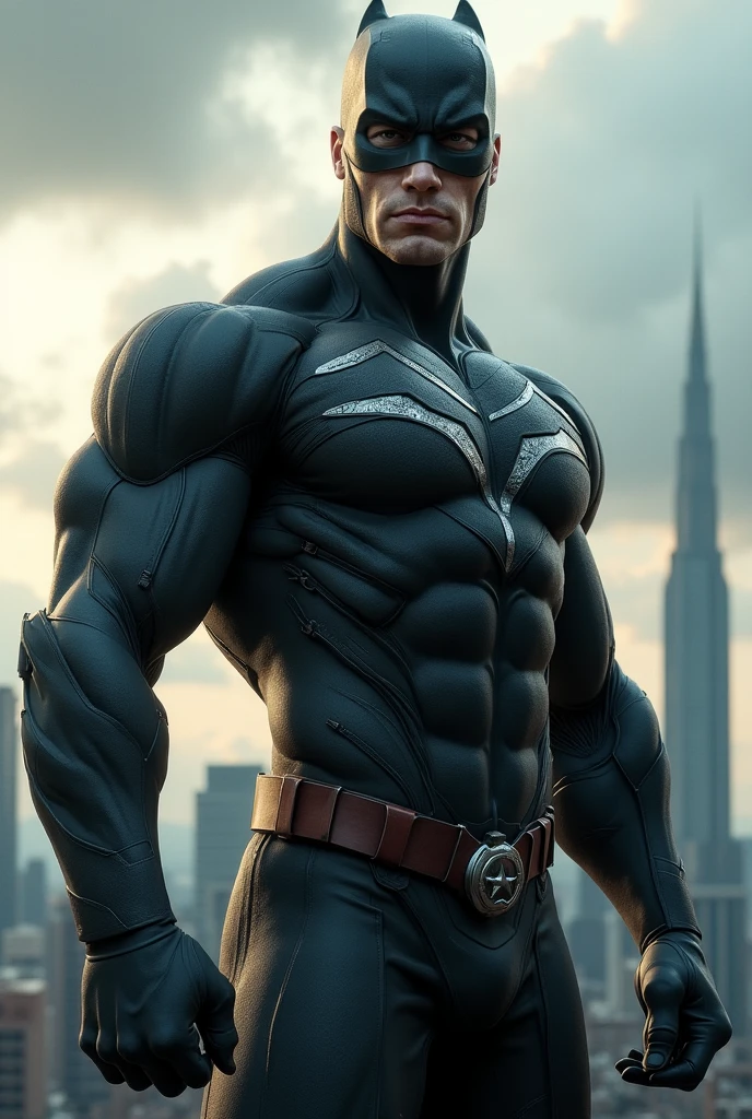 ((realistic: 1.5)),((best quality)), ((masterpiece)),((detailed)), male ninja, Vigilante, Caucasian American, handsome, photorealistic face,short hair, attack position,nightwing,vigilante tactical superhero outfit, katana on the back,leather gloves,abdominal muscles visible,chest visible, just outside of the city with evening cityscape in the background, huge biceps, huge muscles, muscular big body,dick grayson,Nightwing