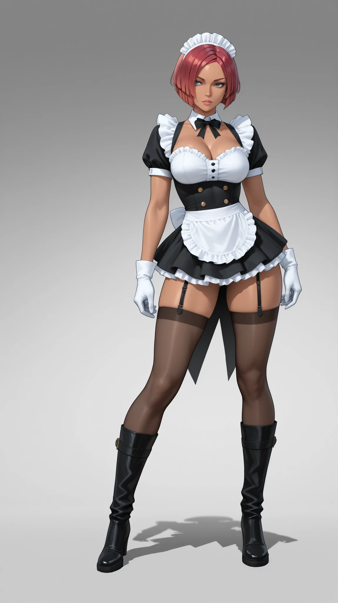 medium hair, pony tail, black hair, blue eyes, wearing a white crop tube top, g-string,( realistic), medium size breasts, beautiful, taking a selfie, (full body shot), (((tall platform pumps))), (((thigh high socks with frilly band at top))), (((underboob))), (((choker))), (((tiny waist:1.2)))