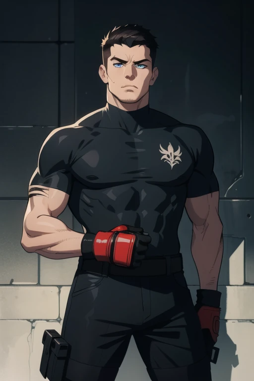Diamant is sitting and flexing his thighs. He is shirtless and wears black boxershorts. He is touching his biceps with his hands.