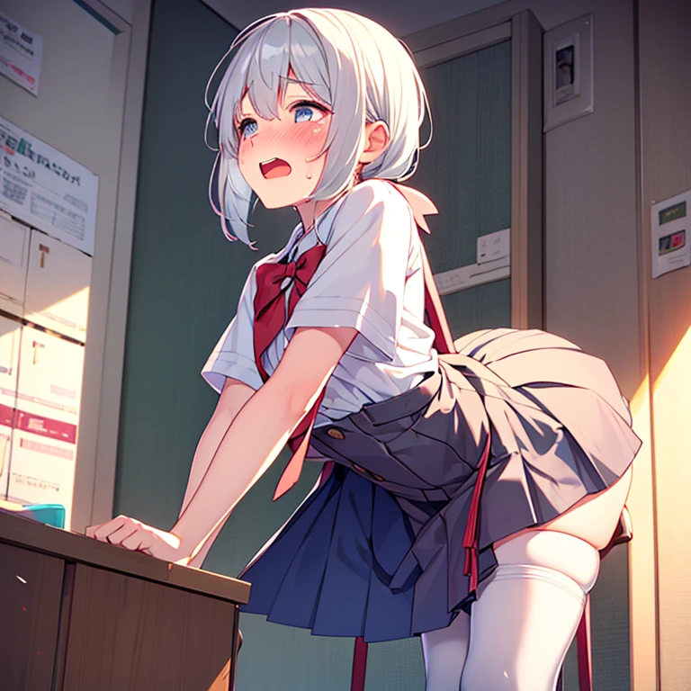 random hair color、Ponytail backwards、back view、panties under pantyhose、skirt liftperfect hands、detailed hands、blush、23 years old、, vest、pinstripe、show panties、skirt lift、、thighhighs、over knee socks、room、8K, highest quality, masterpiece,expression of dislike、 wearing knit sweater & miniskirt, (Flirtingly lifting her skirt to show her panties:1.3)、I can see a little of your panties、super detailed、random angle、、random pose、、embarrassed expression、blush、whole body visible、random color panties、wearing knit sweater & miniskirt, (Flirtingly lifting her skirt to show her panties:1.3)、I can see a little of your panties、sweaty、side tie panties、8K, highest quality, masterpiece, Super detailed interior