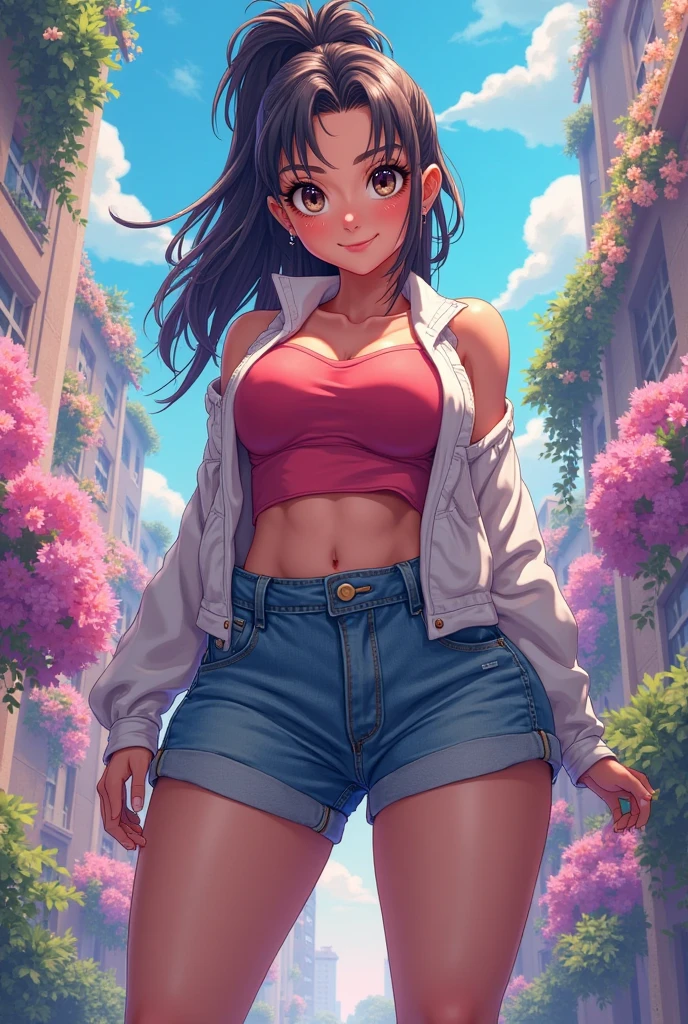 Momo Yaoyorozu, muito sensual, com roupas de funkeira, brasileira, rio de janeiro, dancing funk, rebolando, bunda grande, pernas grossas, usando um short jeans extremamente curto, usando uma mini blusa, umbigo com pirsing, sneakers Nike, cabelo comprido, Speaker behind, corpo inteiro, muito realista, extremamente sexy, 8k, 8k extremamente detalhado), (um extremamente delicado e bonito), (obra-prima), (melhor qualidade: 1.0), (ultra highres:1.0)