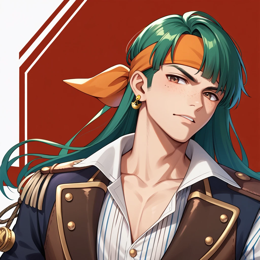 a young anime man with green hair with a toothpick in his mouth and wearing pirate clothing, 27 y.o.,watercraft, ship, 1boy, jewelry, (freckles), male focus, orange bandana with white pattern, solo, ((dark green long straight hair)), dark green hair, long hair, (fluffy short fringe), fluffy straight fringe over bandana, (small silver single earring), headband, (brown eyes), (stripped shirt), vertical-striped clothes, unbuttoned collar, leather vest, half body, slim male, sharp collarbone, pirate, pirate costume, steampunk details, double belts, serious face