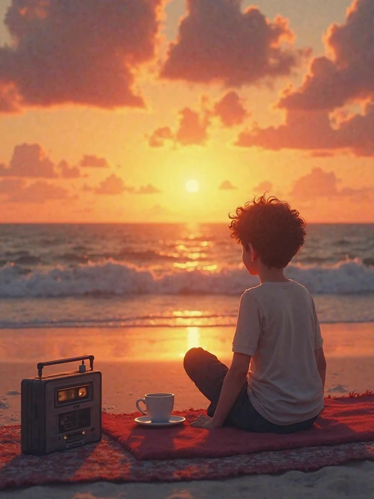 A young boy enjoying the sunset on the beach with a cup of coffee, a carpet is laying and a tape recorder is playing,a jeep, a table and a chair, a camp on the beach