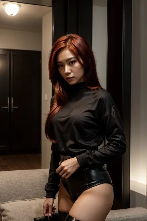 [[((young attractive Asian woman with striking red hair styled in a sleek, long look, medium-light skin, and striking dark brown eyes:1.6)), ((wearing a stylish black outfit featuring a chic, oversized black sweater with buckle details on the sleeves, paired with short black shorts and thigh-high black boots:1.4)). She is standing confidently in a modern, minimalist living room with neutral tones and clean lines. The background features soft natural light coming through large windows, adding a serene and sophisticated atmosphere. The scene is captured with a ((full-frame DSLR:1.4)) using a ((50mm prime lens:1.4)) for a close-up, fashion-oriented perspective. Professional lighting enhances her natural features and the stylish outfit. The image should be in ((8K resolution:1.5)) with ((hyper-realistic detail:1.6)). The focus is on the woman’s stylish black outfit, her confident pose, and the elegant interior, creating a stunning, fashionable effect.]]