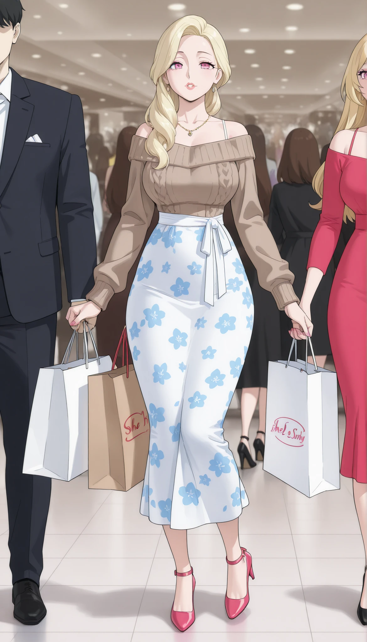 A mature, beautiful woman with blond hair, extremely fair white natural skin, big pink eyes, red plump glossy round lips, pink nails, a small waist, and a perfect slim yet curvy body. She's only wearing a long sky-blue floral dress with spaghetti straps, a brown front-open baggy sweater worn in an off-shoulder style, necklace, bangles, and heels. She's standing straight, carrying her little daughter in her arms, holding shopping bags with the other hand, and is in a large mall. Show her full body and super hyper-detailed.