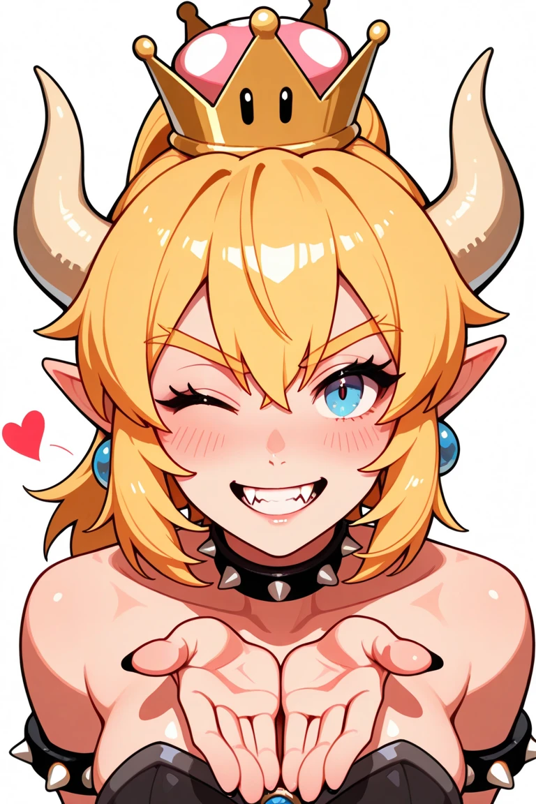 Solo, score_9,score_8_up,score_7_up, bowsette, horns, blue eyes, white horns, cute crown, naked, indoors, pov, pov blowjob, she is sucking viewers cock, viewer is grabbing her by the horns, cumming in her mouth