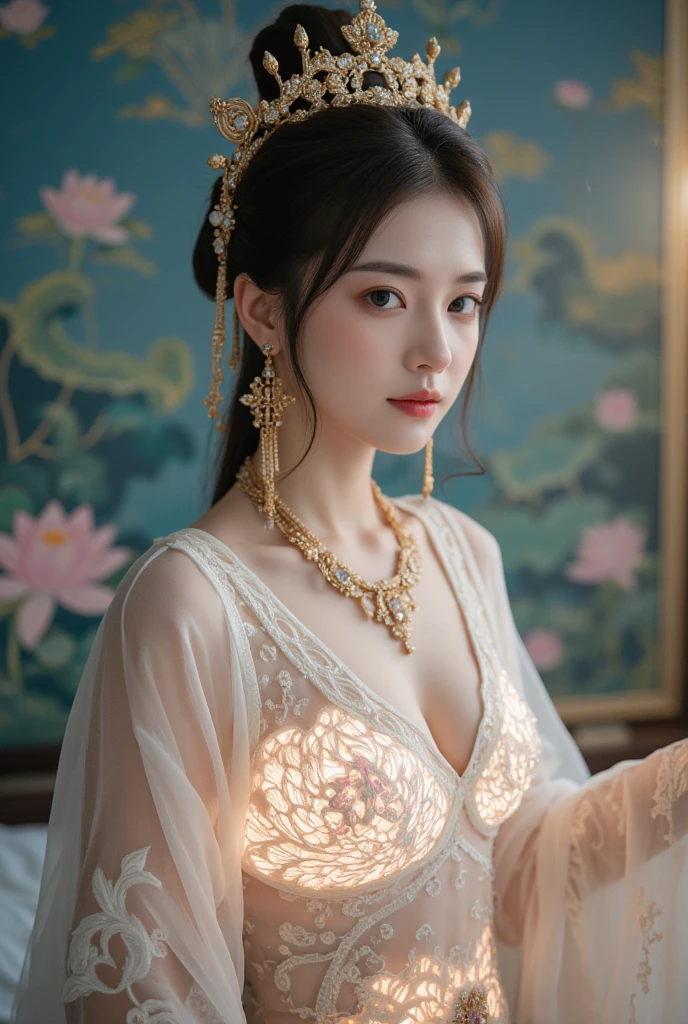 Feng Shen List，tmasterpiece，ultra fine photos，，best qualtiy，超高分辨率，Photoreality，Chiaroscuro，（full-body portraits），stunningly beautiful，dynamicposes，delicated face，Bigchest，Murderous eyes，（seen from the side），She wears gold ancient Chinese armor，very highly detailed background，detailed face with，Detailed and complex busy background，untidy，opulent，milkyW，Highly detailed skin，Realistic details of skin，Visible Pore，tack sharp focus，volume fog，8k uhd，digital SLR camera，high qulity，filmgrain，White skin of the，photo-realism，lomography，The palace of the Yin Shang King in ancient China , look from down, semi transparent, large breasts, showing cleavage, full body shot camera angle, lotus tattoo on forehead, perfect body: 1.4, Slim abdomen: 1.2, sitting on chair with legs up,