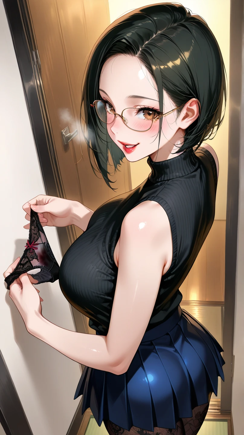 Bra, panties, cameltoe, see-through, braided, black-haired, see-through-bra, selfie, naughty-face, thic