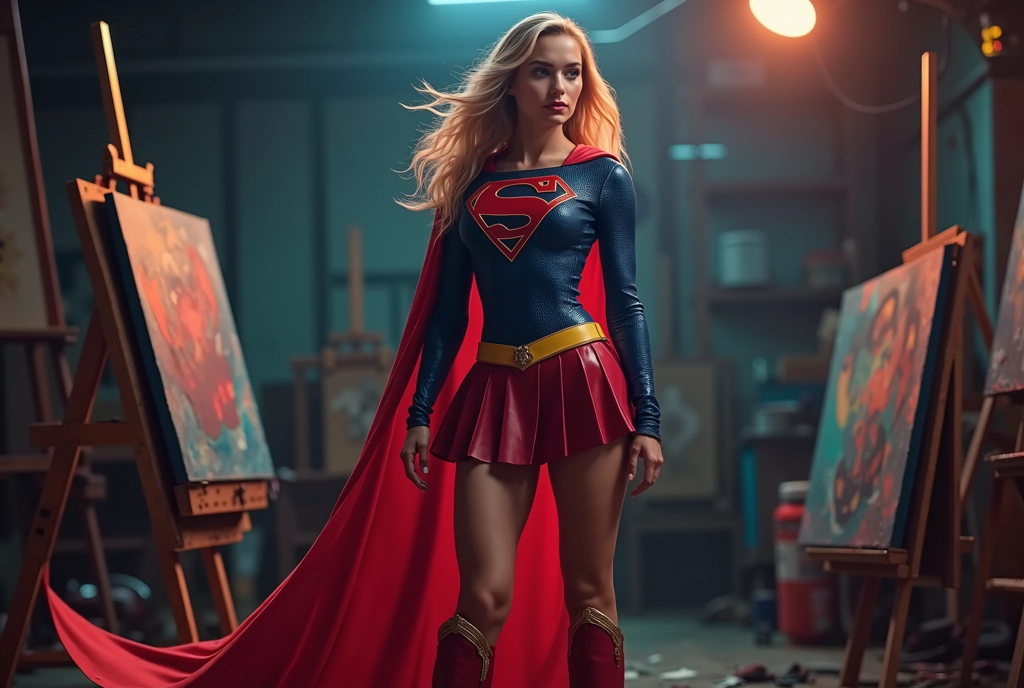 Ultra detailed face. Realistic skin texture, amazing shadows, extremely detailed texture, perfect lighting, High quality image. Sexy woman wearing a tight blue latex long-sleeved top with a red “S” emblem on the chest and gold trim around the edges of the sleeves, a short pleated red skirt with a yellow Superman belt around the waist, knee high red Supergirl boots with a yellow stripe on top, and a long red Supergirl cape, blonde hair developing in the wind, 8K, HDR, cinematic lighting. Posing in a dimly lit art studio, one hand on her hip and the other brushing her hair, she gives a confident smile, her cape catching the light of a single spotlight, with easels and canvases scattered in the background.