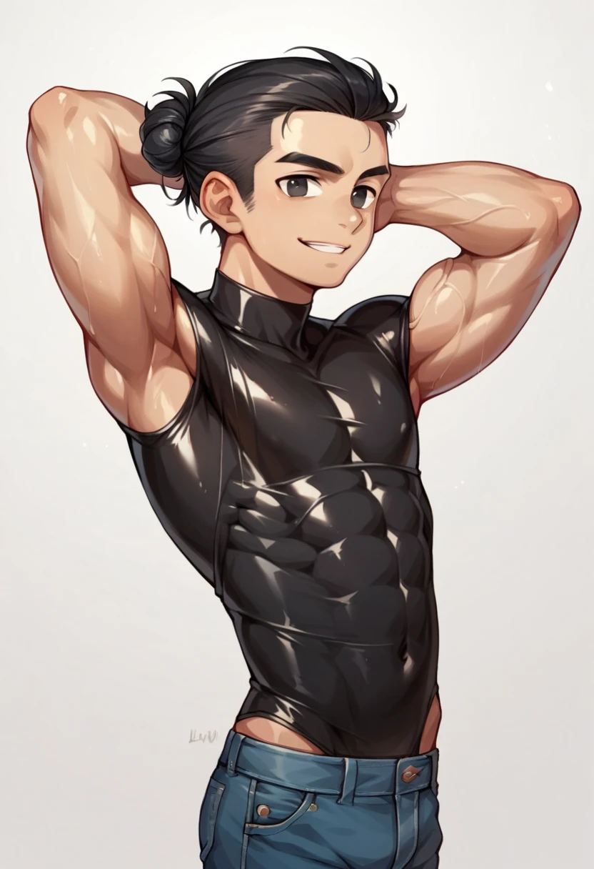A 12 year old boy, slender, black short swimsuit, Brown hair, fine features, European traits.