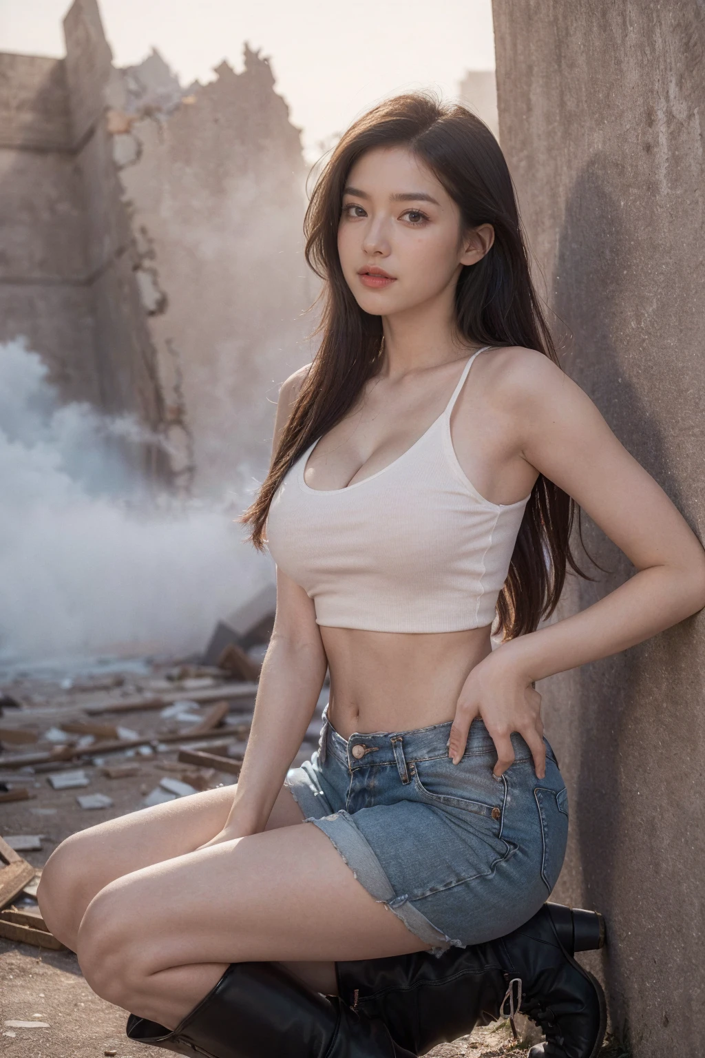 masterpiece、Top image quality、top-quality、8k、The best lighting、1人の女性、Beautiful woman sitting on the stairs、Legs wide open、Hands between the legs、(blazers、Stassi、Sportsbra)、Jeans shorts、Detailed facial expressions、Detailed eye、Detailed nose、Detailed red lips、爆乳、Female proportions considered everywhere、Skyscraper District、Sunset between buildings、Large circular earrings、beauty legs