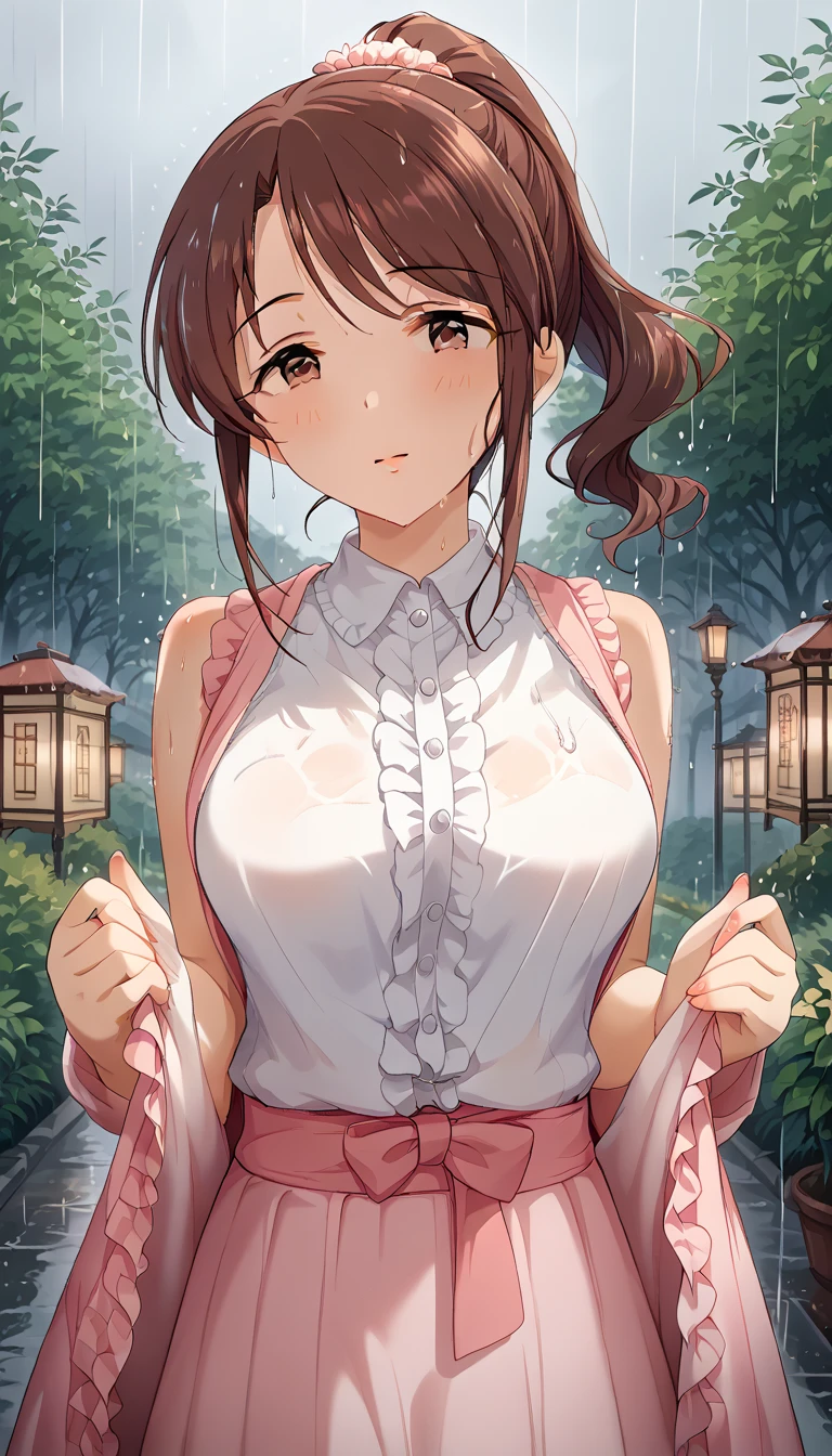 (masterpiece), (best quality), (ultra detailed), 1girl, ssexy pose, blush,medium breasts, casual clothes, happy, looking at viewer, large hair, brown hair, in the park with trees, shy, wet clothes, wet, show nipples through wet clothes