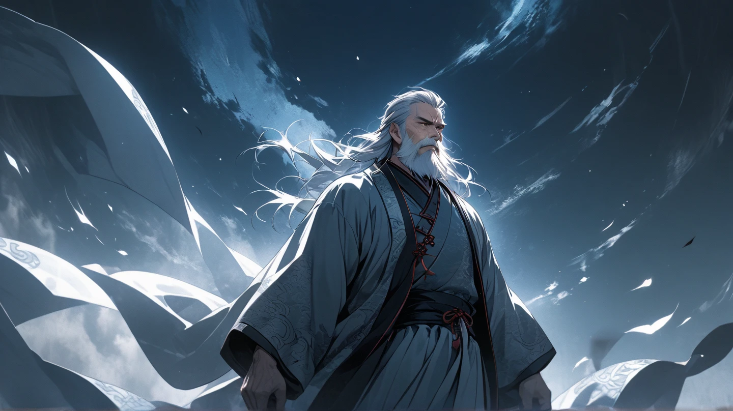 (detailed old vagabond with white hair and long white beard:1.3), closed eyes, tender smile, very old Tattered shabby Japanese robe cloth, (on Chinese cloud, Flying Nimbus:1.2), ink painting style, (sepia color), dynamic pose, dynamic angle, sake in bottle gourd Calabash, (magnificent foggy and cloudy Chinese peak rock mountains:1.1)