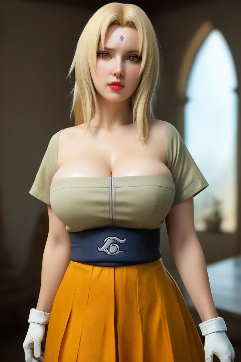 real Life adaption of this character,her name Tsunade senju from anime naruto ,hyper realistic ,very realistic detailed yellow hair, high resolution, photorealistic,very detailed,short and revealing kimono, beautiful face,detailed shining eyes, longing expression, loving smile, realism, cleavage, large breasts,