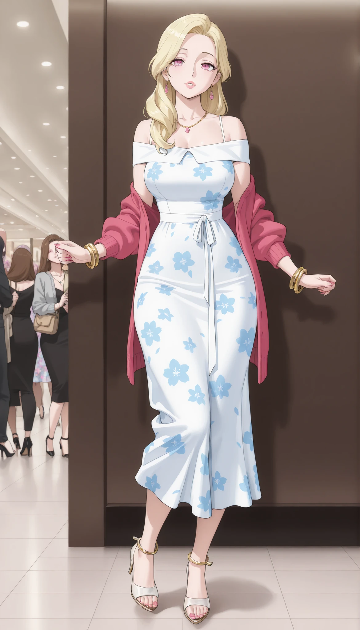 A mature, beautiful woman with blond hair, extremely fair white natural skin, big pink eyes, red plump glossy round lips, pink nails, a small waist, and a perfect slim yet curvy body. She's only wearing a long sky-blue floral dress with spaghetti straps, a brown front-open sweater worn in an off-shoulder style, necklace, bangles, and heels. She's standing straight, carrying her little daughter in her arms, and is in a large mall. Show her full body and super hyper-detailed.