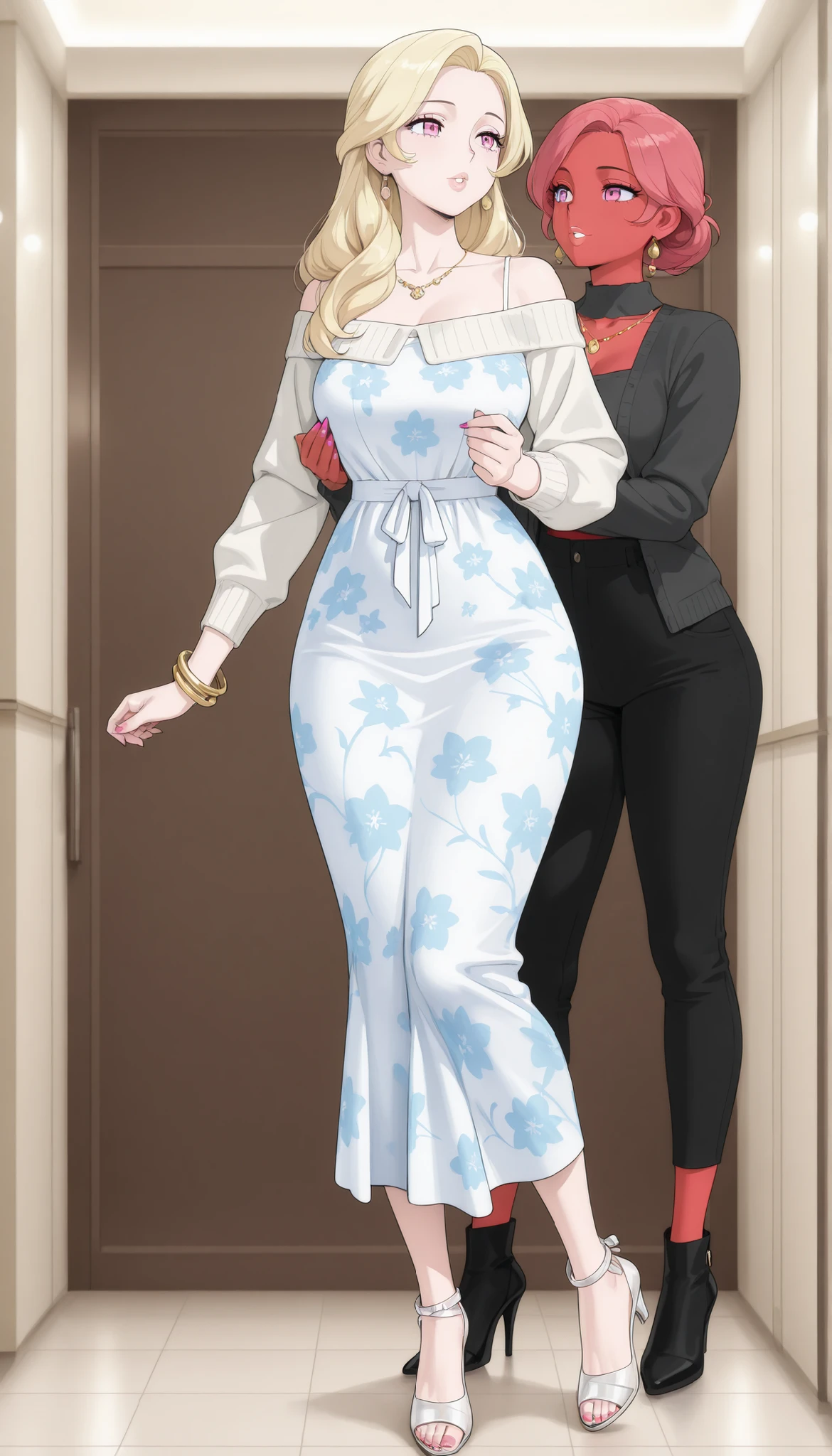 A mature, beautiful woman with blond hair, extremely fair white natural skin, big pink eyes, red plump glossy round lips, pink nails, a small waist, and a perfect slim yet curvy body. She's only wearing a long sky-blue floral dress with spaghetti straps, a brown front-open sweater worn in an off-shoulder style, necklace, bangles, and heels. She's standing straight, carrying her little daughter in her arms, and is in a large mall. Show her full body and super hyper-detailed.