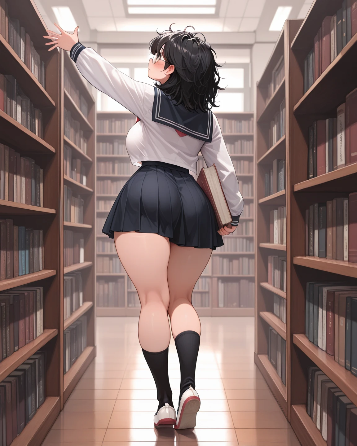 NSFW,Huge library、1 librarian、One Woman、small round glasses、huge-breasted、(((((bbw)))))、pantyshot 、 up skirt、from behind、Panchira