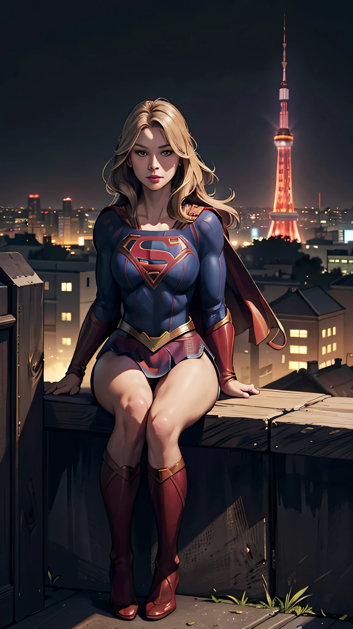 ((best quality)), ((masterpiece)), ( well-known ), (high image quality), (realistic), (realistic), (vest shadow), low contrast, (complicated:1.4), Side Lighting, 8k, ((Melissa Benoist)), ((Supergirl)), perfect face、 details、(Accurate Hand and Finger Depiction)、Supergirl女性、blondes、 plump body、Big Breasts、 Slim waist、big butt、fascinating、glamorous、((sitting with legs open))、Tokyo Tower、 night view