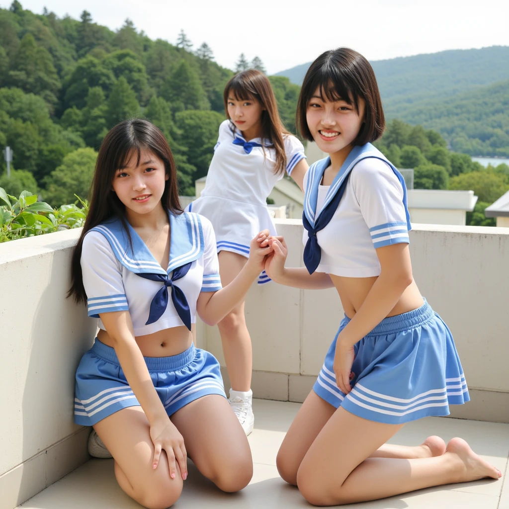 cute, girls, elementary school student, black hair, twin tails, dark blue school swimsuit, big bust, smile, bare legs, shiny skin