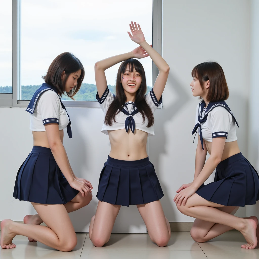 Young and slim naked Japanese girl on all fours alone、panties、In 8K、Ultra-high resolution、Highest quality、whole body)、(Surrounded by naked Japanese elementary school boys:1.5) (((Sexual harassment man grabbing woman's hair))), She is scared、She is touched by many hands