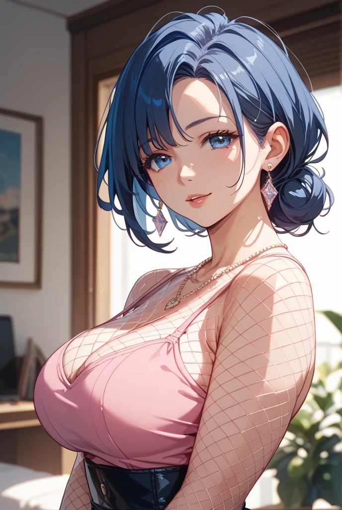 A beautiful girl tenderness happy beautiful big breast light turquoise hair round cut her blue eye wears white top yellow lace thread shows navel and her navy blue Hawaiian skirt flip flops feet