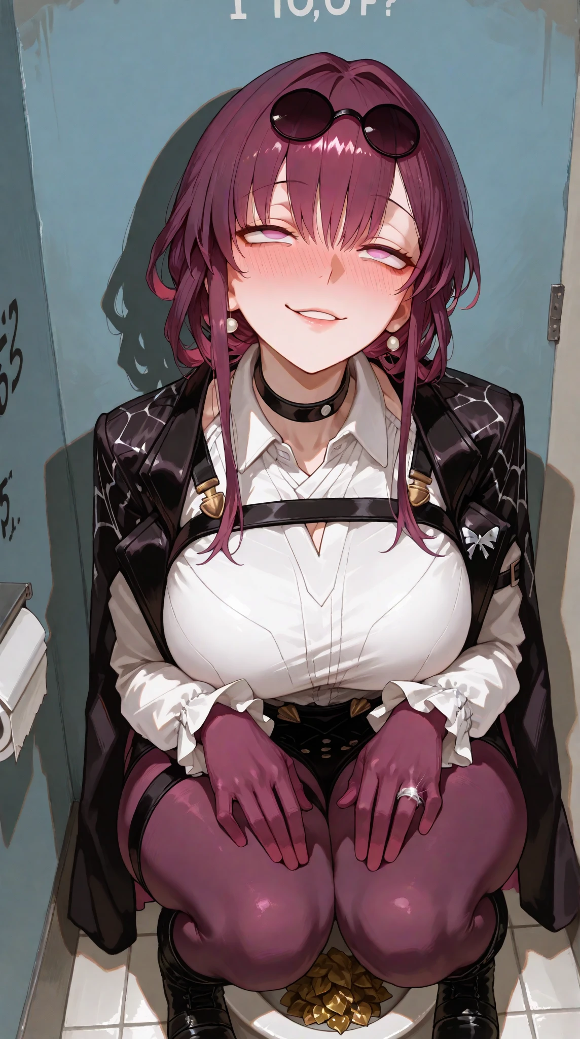 masterpiece, best quality, 1girl, Gasai Yuno, long hair, pink hair, low twintails, sitting on a chair, old room, (large breasts:0.5),1girl, black choker, dark grey, (overalls:1.25), leather gloves, black boots, ((nigth:1.5)), (black face mask:1.25),