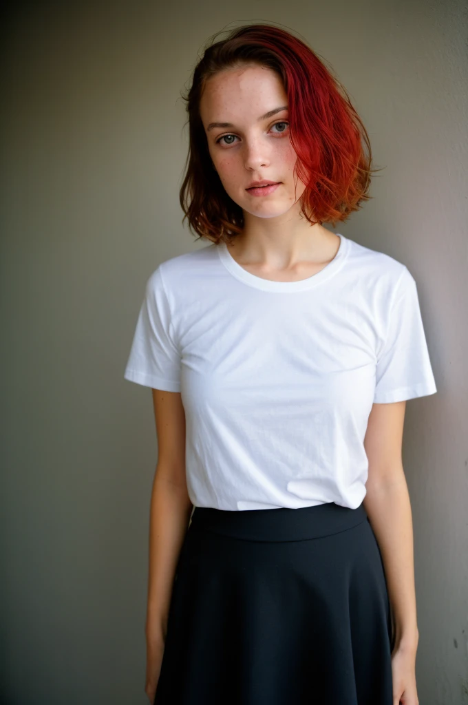 beautiful latin woman, short red hair, standing straight facing forward,with white t-shirt, leather pants, on a greyish background, cotton t-shirt texture, fitted t-shirt, round neck, striped tights. Medium camera shot.